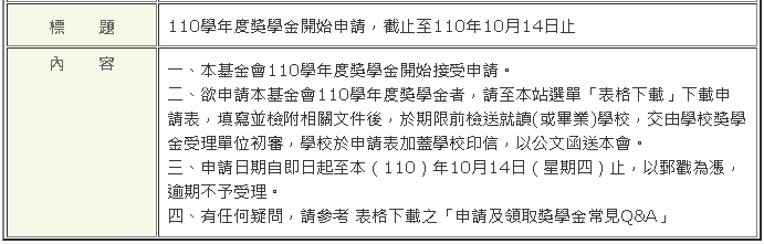 財團法人教育部接受捐助獎學基金會110學年度獎學金【校內收件至110年10月6日截止】圖片